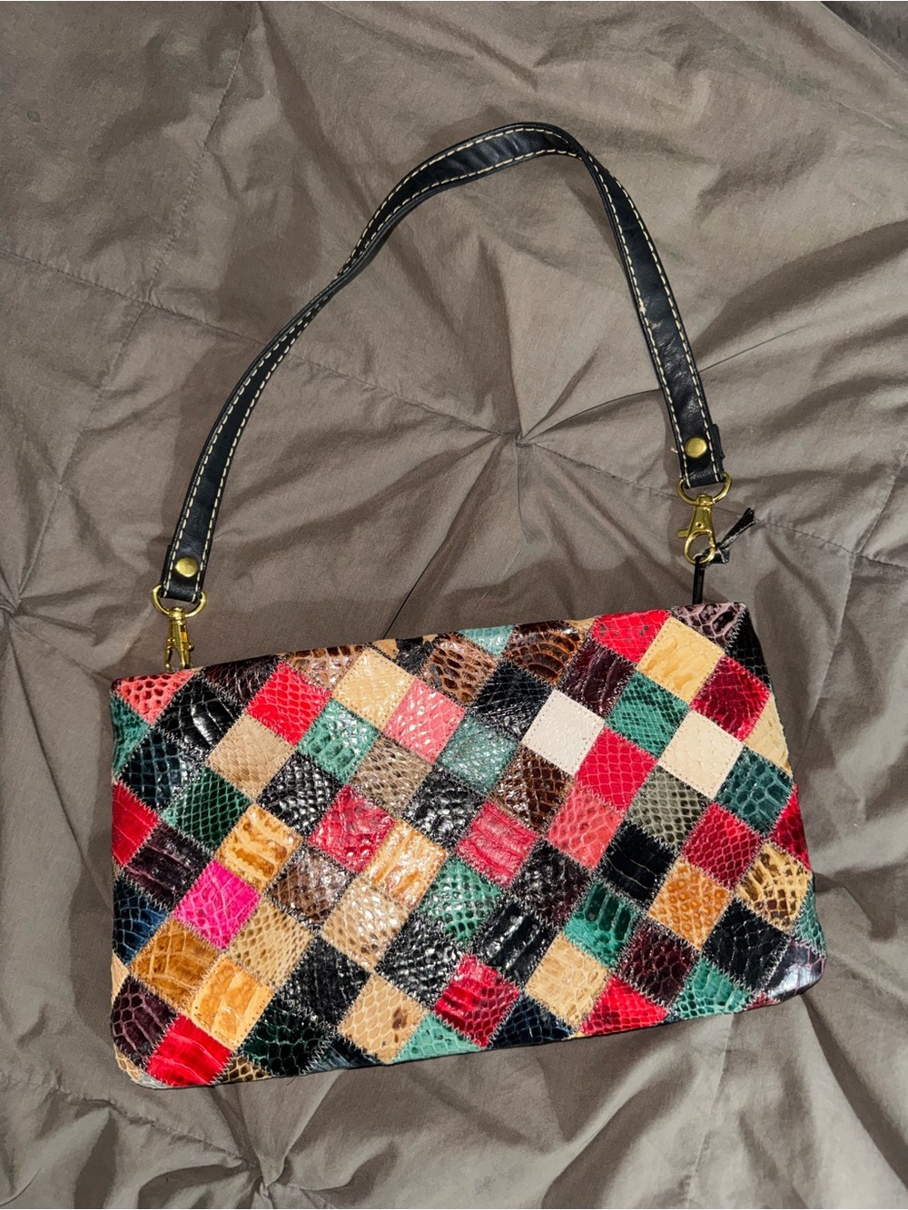Vintage Snakeskin Patchwork Leather Shoulder Bag Multicolor